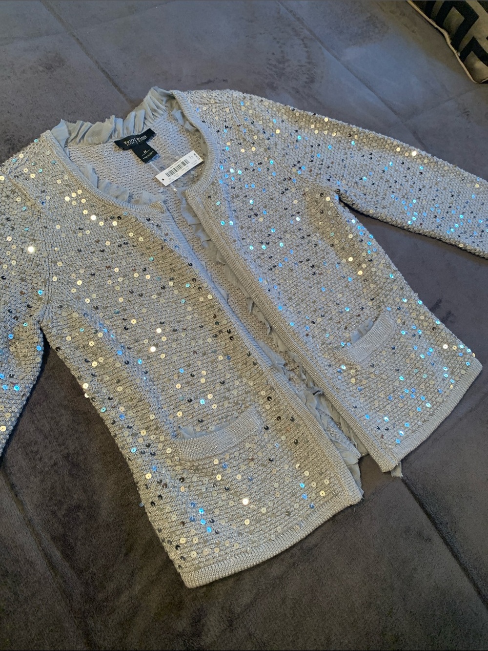 Women's Silver Sequin Knit Jacket - Open Front Evening Blazer